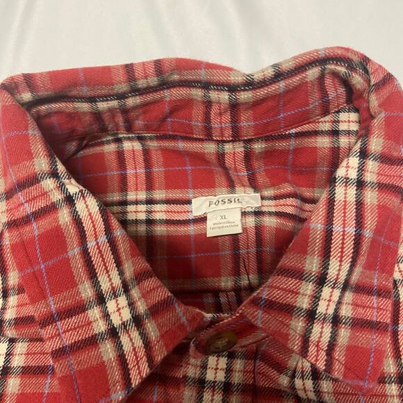 Fossil Shirt Flannel Red Plaid Button 2 Pocket Heavy Cotton Material Warm Sz XL - Picture 8 of 15